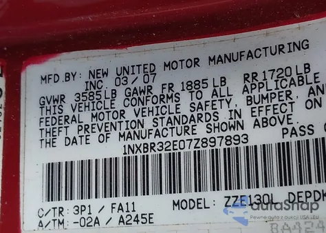 2007 Toyota Corolla Ce из США, поврежденный, VIN 1NXBR32E07Z897893